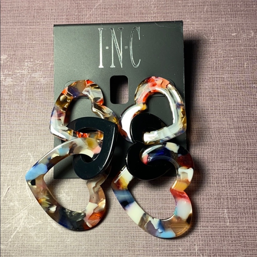 INC Hematite Tone & Resin Heart Linear Earrings